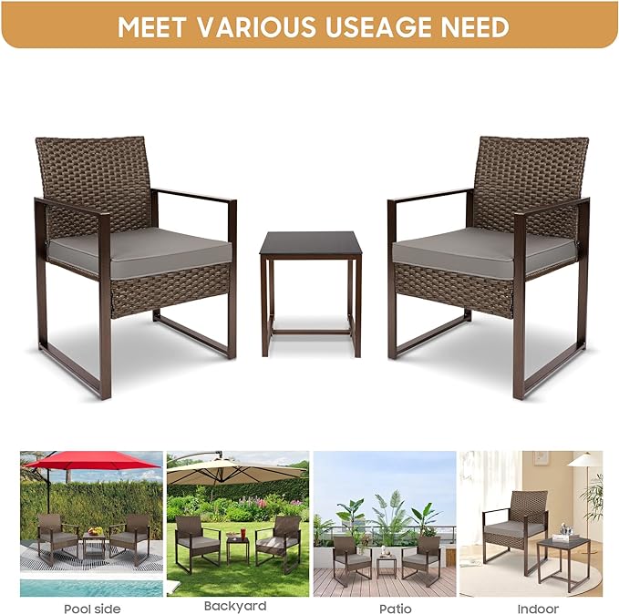 YIYAN 3 Pieces Outdoor Furniture Set Patio Rattan Wicker Chairs & teatable,Lawn Garden Balcony Backyard,with Washable Cushion (Gray)