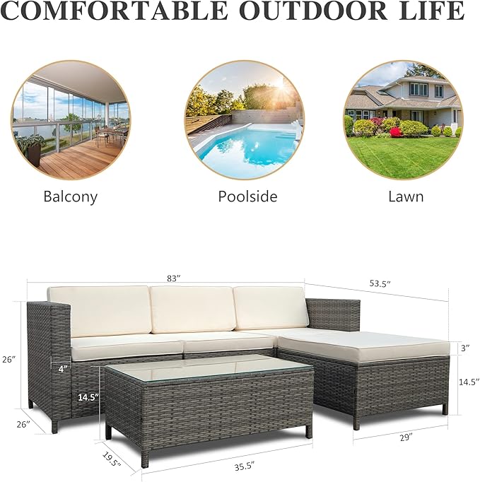 5 Piece Outdoor Patio Sectional Furniture Set, Weather Resistant Rattan Outside Couch, Waterproof Conversation Sofa for Balcony, Porch, Backyard, Deck, Garden,Beige