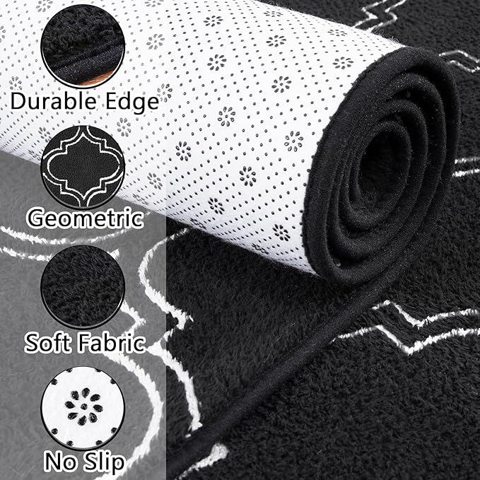 Chicrug Shag Geometric Modern Area Rug for Living Room, 3x5 Feet Large Memory Foam Indoor Carpet, Fluffy Rug for Bedroom Bedside Room Decor for Family Girls Kids Nursery, Black/White