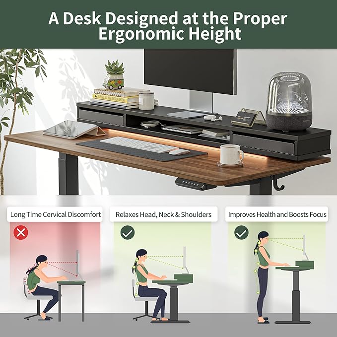 FEZIBO 55 x 24 Inch Height Adjustable Electric Standing Desk with Double Drawers, Stand Up Desk with LED Strips, Sit Stand Desk with Monitor Stand, Blcak Walnut