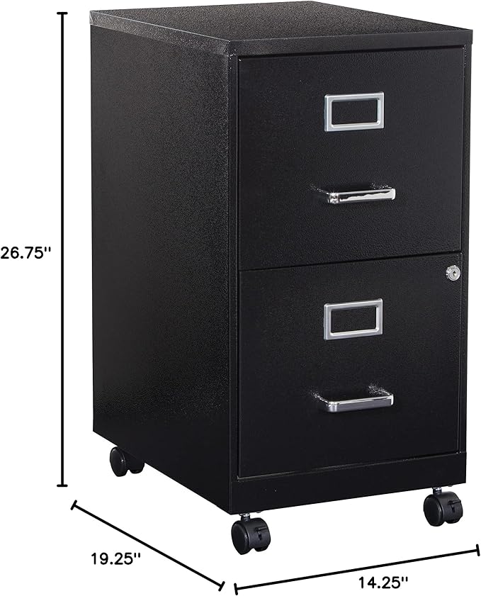 OSP Home Furnishings 2 Drawer Mobile Locking Metal File Cabinet, Black