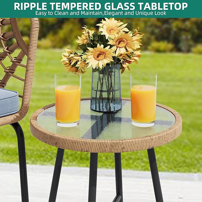 YITAHOME Wicker 3-Piece Outdoor Bistro Set, All-Weather Patio Conversation Set for Balcony, Backyard, Pool, Porch, Deck, Outdoor Sectional Furniture Set with Table & Cushions - Grey