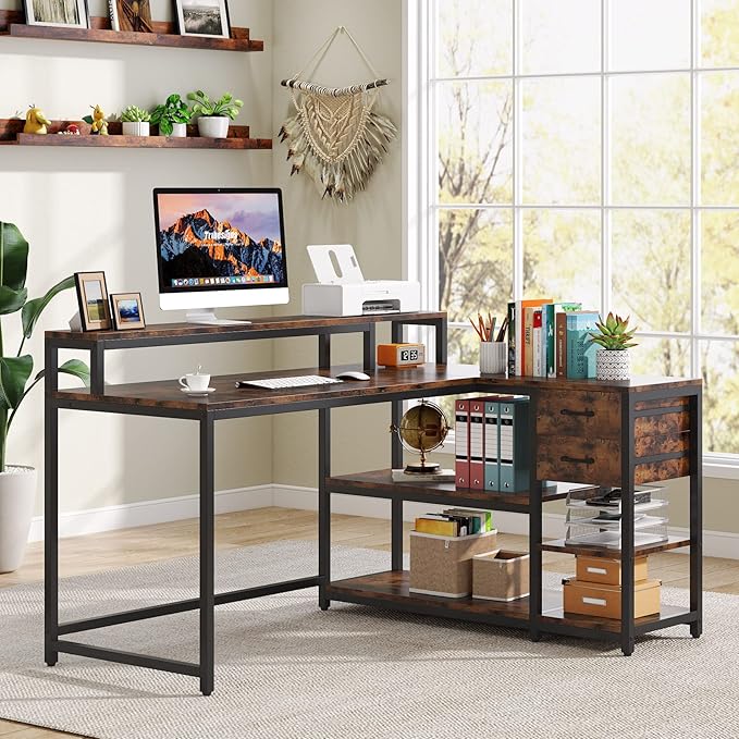 Reversible L-Shaped Computer Desk with hutch & Shelf,rustic