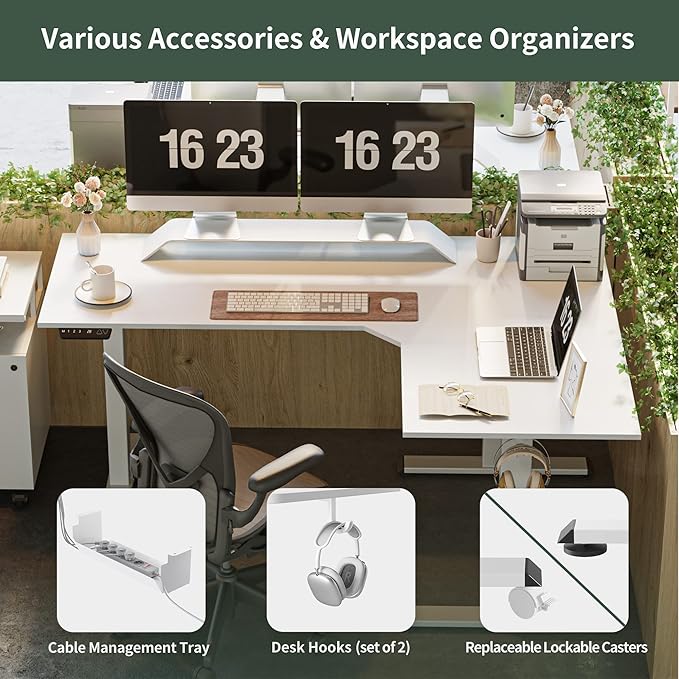 FEZIBO 75 Inches, Supports over 300mlbs,L Shaped Standing Desk Reversible, Electric Height Adjustable Corner Stand up Desk, Sit Stand Desk Computer Workstation, White Frame/White Top