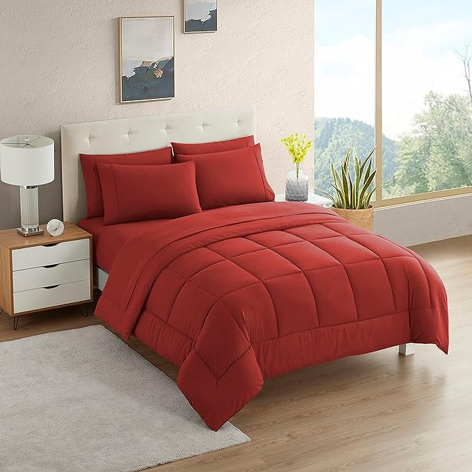 Dorm Room Essentials College Bedding Comforter Set 7 Piece Full Size Bed in a Bag for College Students Boys and Girls, Full, Red