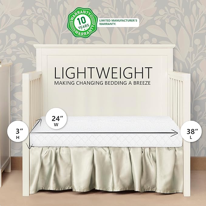 3 in 1 Portable Folding Stationary Side Crib in White, Greenguard Gold & Sunset 3” Extra Firm Fiber Crib Mattress, Greenguard Gold Certified, Waterproof Vinyl Cover