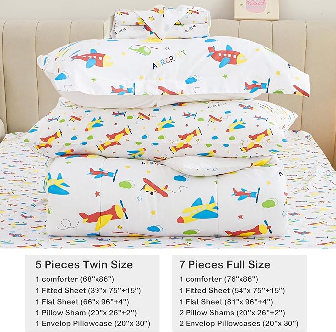Mooreeke Bed in a Bag for Kids Boys Teens, 5 Pieces Twin Size Aircraft Print Comforter Bed Set with Shams, Sheet Set, Airplane White Super Soft Microfiber Kids Comforter Bedding Set