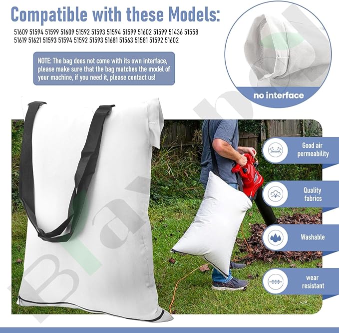 Universal Leaf Vacuum Blower Bag Compatible with Worx Craftsman Toro Black-Decker Husqvarna Leaf Blower Vacuum/Leaf Blowers - Bottom Zip Replacement Bag, Leaf Blower Bag White