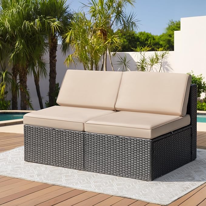 Greesum 2 Piece Patio Conversation Set Wicker Rattan Furniture Outdoor Sofa with Cushions,Pillows and Glass Table for Porch,Lawn and Yard, Beige