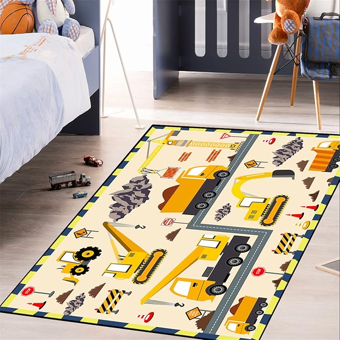 Construction Play Mat Car Rug Play Mat Construction Rugs for Boys Room Car Rug for Boys Room Construction Decor for Boys Room Playroom Rug for Livingroom 5'×7'