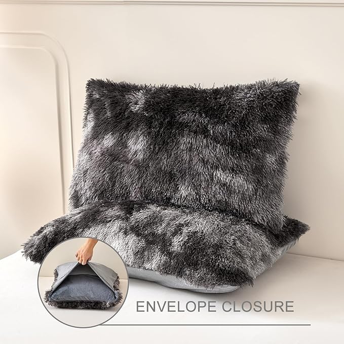 WINLIFE Shaggy Comforter Set Twin Grey for Boys Teens Faux Fur Bedding Sets Flannel Furry Comforter Plush Comforter Sets Gradient Ombre Tie Dye Bed Sets (3Pcs, Twin, Dark Grey)