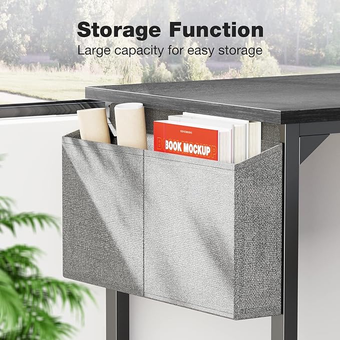 OLIXIS Computer Desk 55 Inch Home Office Work Study Writing Student Kids Bedroom Wood Modern Simple 2 Person PC Table with Storage Bag & Headphone Hooks, Black