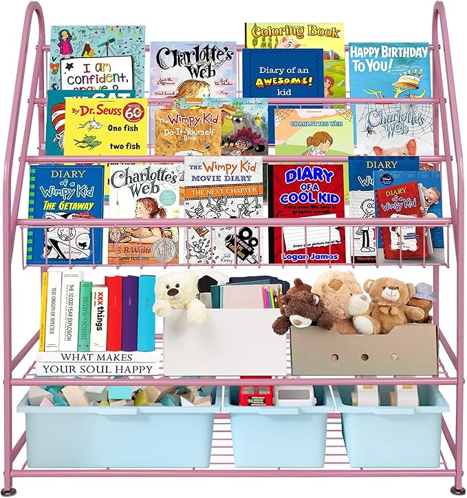 aboxoo Metal Kids Bookshelf Pink Bookcase Freestanding for Children Girls Room 32 inches Large Toddler Pink Stable Bookcase Bookstore Library Book Unit Storage