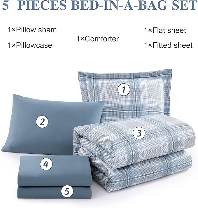 Light Blue Twin Bed Set, Plaid Twin XL Comforter Set for Boys & Girls,Classic Homestead-style Twin Comforter Set with Sheets and Comforter Set