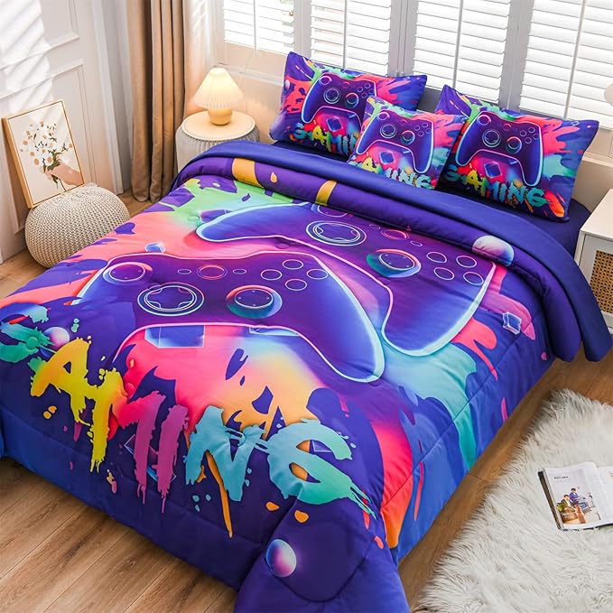Aimuan Gamer Gaming Bedding Sets 3D Gamepad Comforter Sets for Boys Games Console Action Buttons Novelty Colorful Game Controller Modern Room Decor Home Quilt Set (Purple, Full 6PCS)