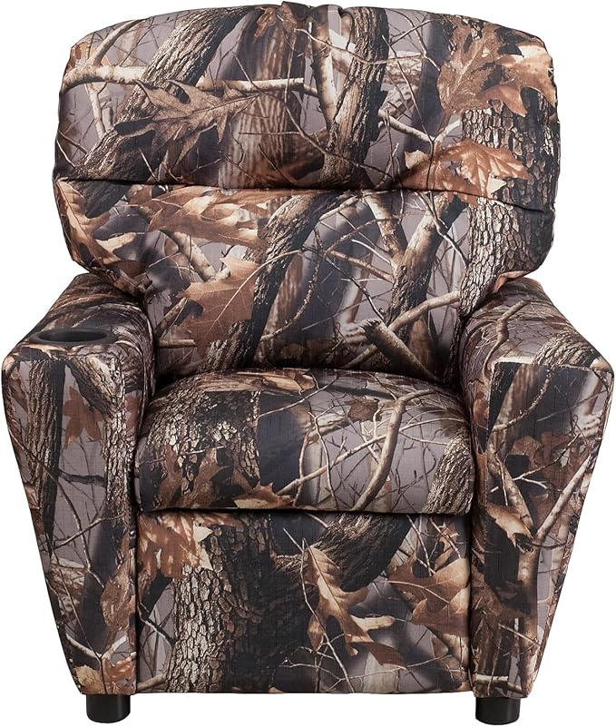 Flash Furniture Chandler Vinyl Kids Recliner with Cup Holder and Safety Recline, Contemporary Reclining Chair for Kids, Supports up to 90 lbs., Camouflage