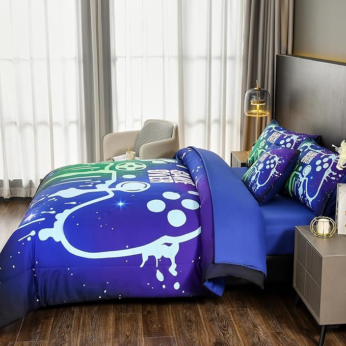 DORCAS Gamer Comforter Set with Sheets for Boys,Twin Size Gamer Bedding Set Boys,6 Pieces Graffiti Green Gaming Comforter Set for Boys Kids Teens(Green&Blue, Twin)