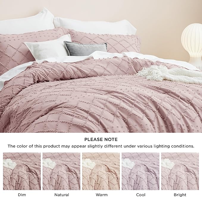 Bedsure King Size Comforter Set - Dusty Rose Boho Comforter, Tufted Shabby Chic Bedding Comforter Set, 3 Pieces Vintage Farmhouse Bed Set for All Seasons, Fluffy Soft Bedding Set with 2 Pillow Shams