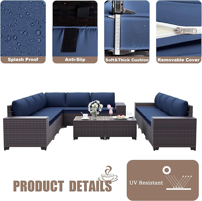 Patio Furniture Set Sofa 12-Pieces Wicker Sectional Sofa Set, Outdoor Furniture Rattan Patio Conversation Set with Thickened Cushions and Glass Coffee Table, Navy Blue