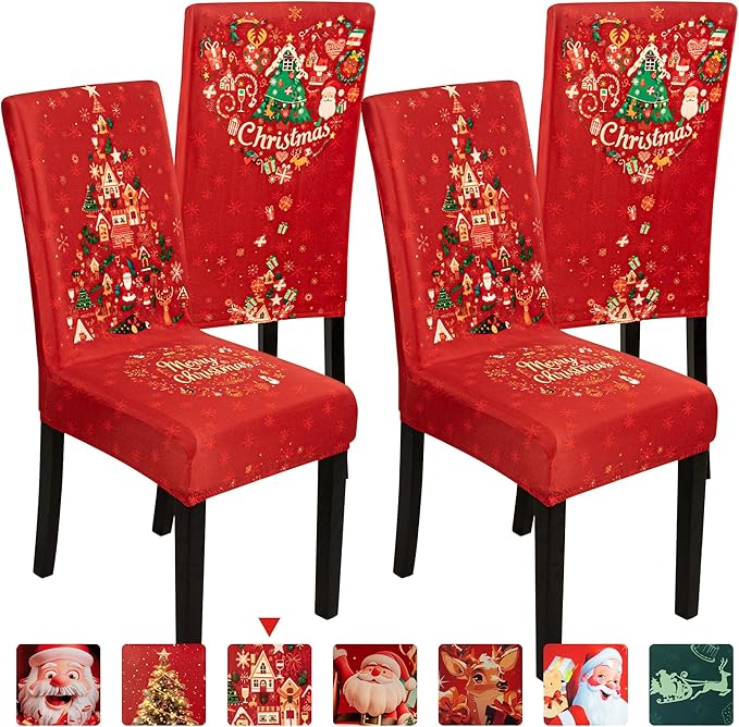 4PCS Christmas Dining Chair Covers, Stretch Removable Washable Dining Room Chair Protector Slipcovers, Xmas Tree Heart Kitchen Chair Cover, Slipcover Protector for Xmas Holiday Party Home Décor