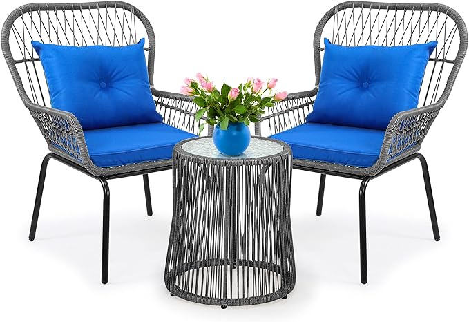 YITAHOME 3-Piece Outdoor Patio Furniture Wicker Bistro Set, All-Weather Rattan Conversation Chairs for Backyard, Balcony and Deck with Soft Cushions, Glass Side Table (Gray+Navy Blue)