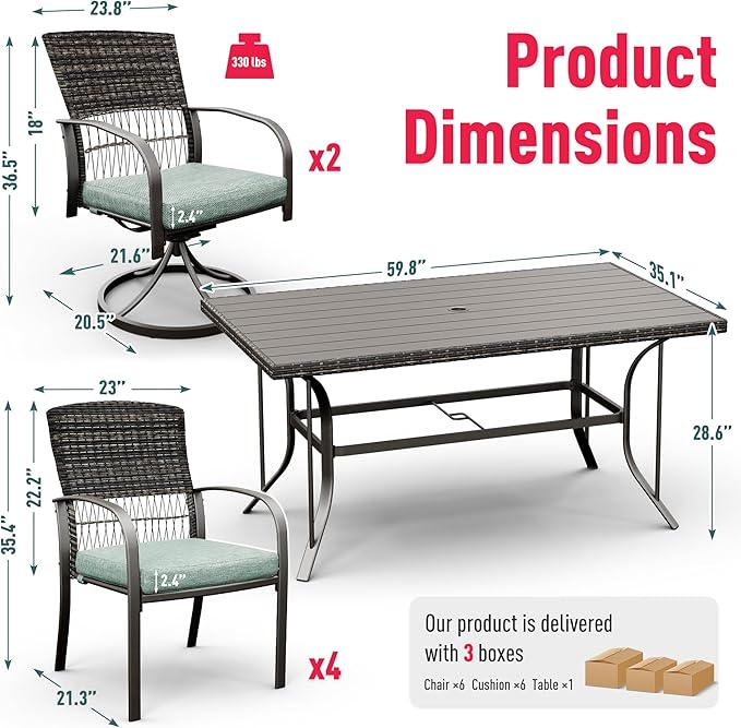 Pamapic 7 Piece Patio Dining Set for 6,Outdoor Wicker Furniture Set for Backyard Garden Deck Poolside with 4 Dining Chairs and 2 Swivel Rockers,Iron Slats Table Top, Removable Cushions(Green)