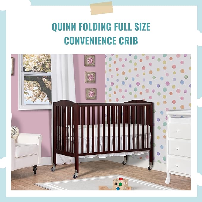 Folding Full Size Convenience Crib In Espresso, Two Adjustable Mattress Height Positions, Comes With Heavy Duty Locking Wheels, Flat Folding Crib