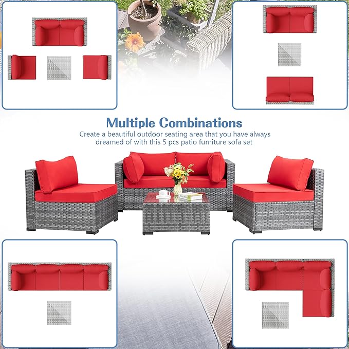 Shintenchi 5 Pieces Outdoor Patio Sectional Sofa Couch, Silver Gray PE Wicker Furniture Conversation Sets with Washable Cushions & Glass Coffee Table for Garden, Poolside, Backyard (Red)