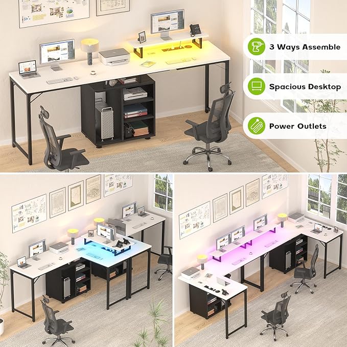 Cyclysio L Shaped Gaming Desk with Wood Cabinet, 58" Large Corner Desk with LED Lights & Power Outlet, Reversible Computer Desk with Monitor Stand, Home Office Desk 2 Person Corner Desk, White Black