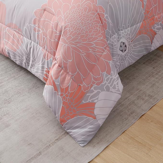 Yiran 7 Pieces Blush Grey Comforter Set Floral Bed in a Bag Soft Microfiber Comforter Bedding Set Queen Size 90"×90"(1 Comforter,2 Pillowcases,2 Pillow Shams,1 Flat Sheet,1 Fitted Sheet)