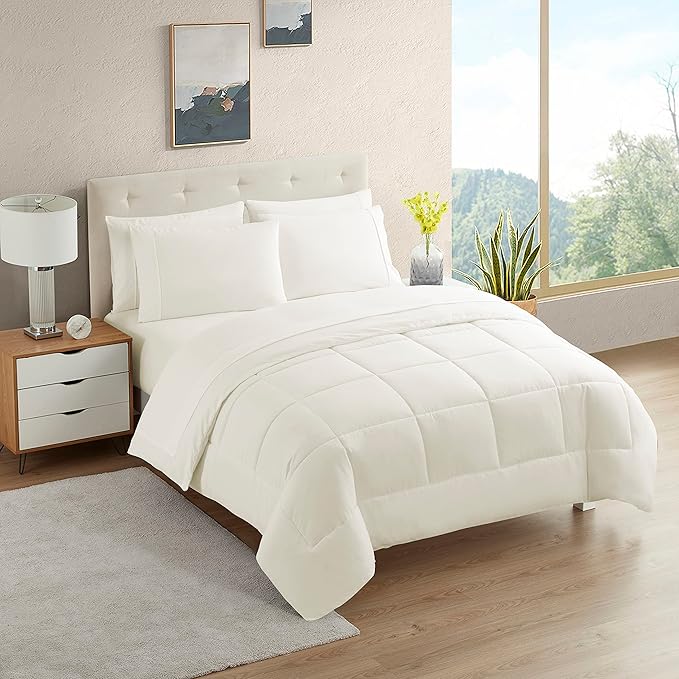Dorm Room Essentials College Bedding Comforter Set 5 Piece Twin Size Bed in a Bag for College Students Boys and Girls, Twin, Ivory