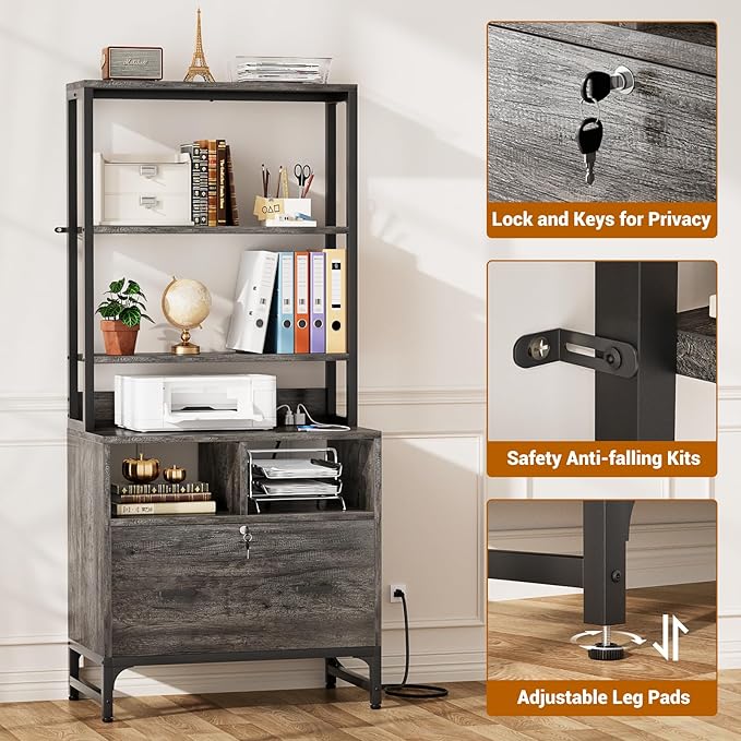 Homieasy File Cabinet with Charging Station, Vertical Filing Cabinet with Lock & Large Drawer, Printer Stand with Storage Shelves, Office Storage Cabinet fits Letter/A4/Legal Size, Grey