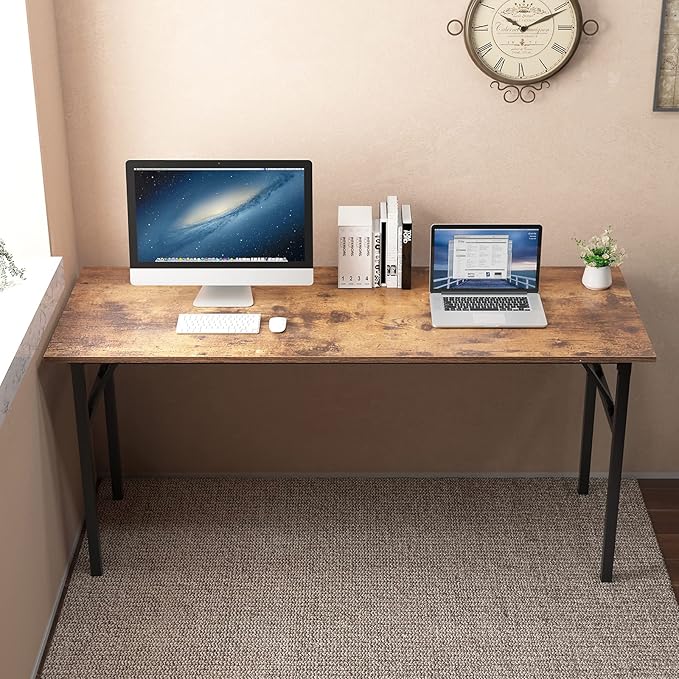 SDHYL 62 inches No Assembly Foldable Computer Desk for Home Office Workstation, Study and Writing, Rustic Brown