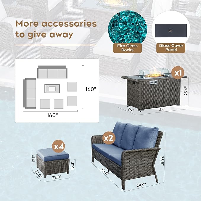 Yechen Patio Conversation Set 10 Seats with 44" Propane Gas Fire Pit Table - 7 Pcs Outdoor Wicker Furniture Set with Lid & Wind Shields - Sectional Sofa Set for Porch,Backyard