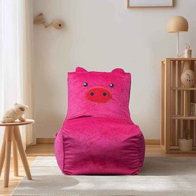 Bean Bag Chair for Kids, Cute Pig L-Shape Animal Bean Bag Sofa with Top Handles and Side Pockets, Cute Soft and Comfy Bean Bag Chair with Filler Included, Ages 1+ Children's Day Gifts