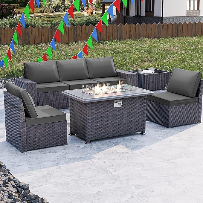 Kullavik 7 PCS Outdoor Patio Furniture Set with 43" 55000BTU Gas Propane Fire Pit Table PE Wicker Rattan Sectional Sofa Patio Conversation Sets for Outdoor,Grey