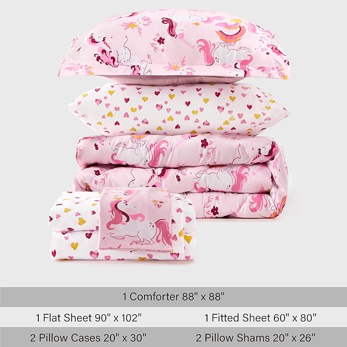 Twin Unicorn Kids Bedding Set for Girls, 7 Pieces Super Soft Lightweight Microfiber Comforter Set with Sheets, Bed in a Bag, Durable Children Bed Set
