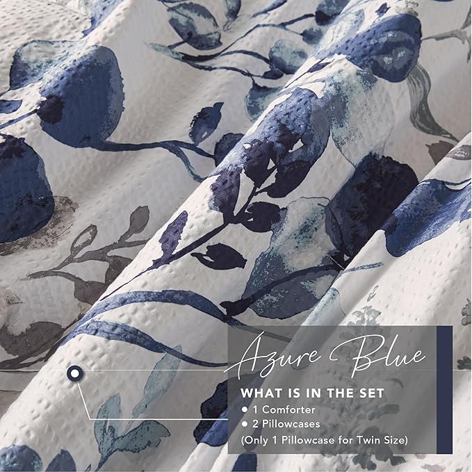 Codi Floral Queen Comforter Set for Womens, Spring Lavender Bedding Sets with Soft Seersucker 3pcs - 1 Flower Comforters and 2 Pillows Case, Blue