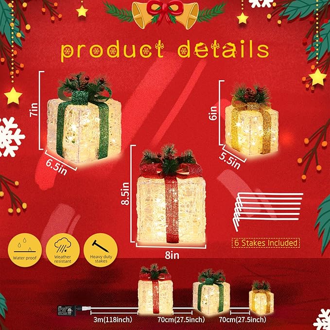[Large 10"x8.5"x6.5" Christmas Set of 3 Lighted Clear Acrylic Gift Boxes Decorations Pre-lit 70 Super-Bright LED with Flashers,for Indoor Outdoor Pathway Holiday Party Home(Warm White)