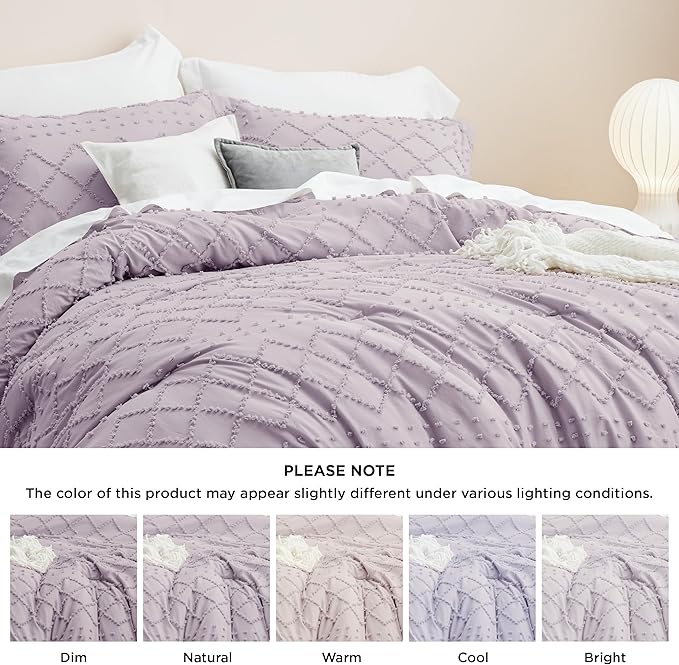 Bedsure King Size Comforter Set - Lavender Boho Comforter, Tufted Shabby Chic Bedding Comforter Set, 3 Pieces Vintage Farmhouse Bed Set for All Seasons, Fluffy Soft Bedding Set with 2 Pillow Shams