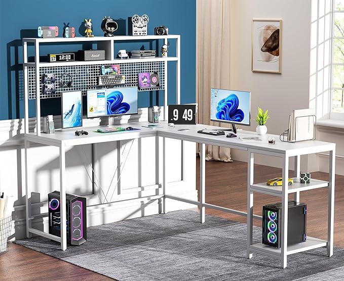 L Shaped Desk with Hutch & Pegboard - Reversible 67" L Shaped Gaming Desk with LED Lights, Corner Computer Desk with Storage Shelves, White