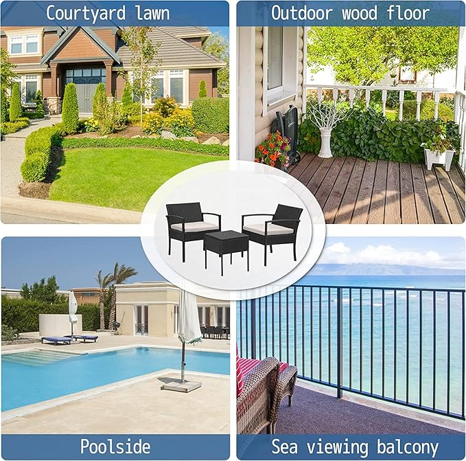 3 Pieces Patio Furniture Set, Balcony Furniture, Patio Bistro Set All-Weather Wicker Chairs Conversation Set with Cushions Table for Outdoor Backyard Porch Lawn (Black-Grey)