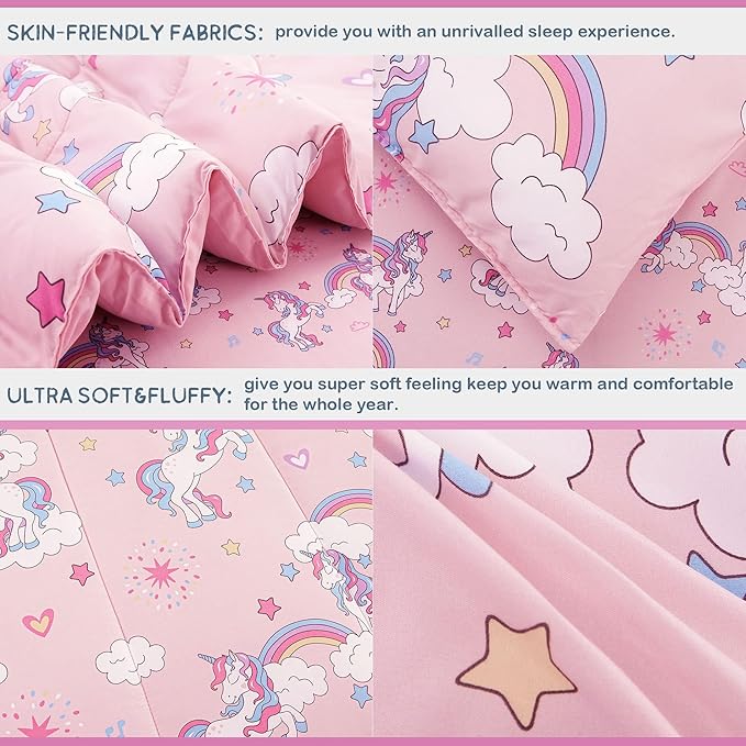 Mooreeke Kids Comforter Bed Set Full Size for s Girls, 8 Pieces Bed in a Bag with Shams, Sheet Set, Pink Unicorn Full Soft Microfiber Kids Comforter Bedding Set