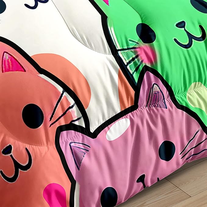 Cat Bedding Set - Full Size Comforter, 2 Pillowcases for Girls, Soft Breathable Polyester, Machine Washable, Cat Themed Bedding for Kids Room Decor, Birthday & Holiday Gift