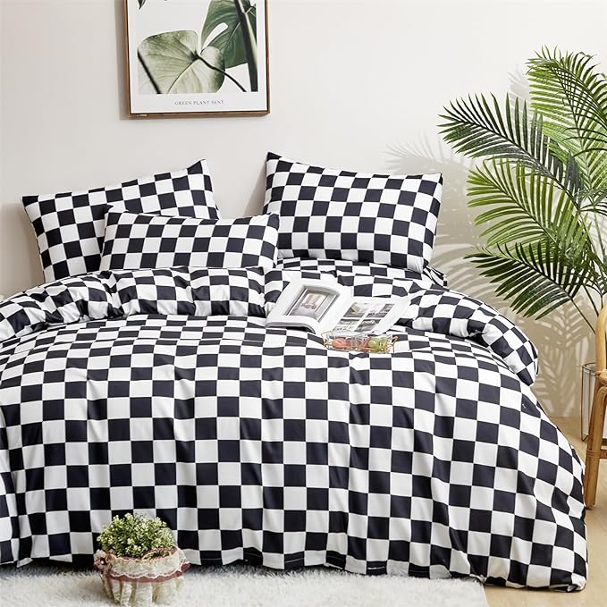Black White Grid Comforter Set Full Black Plaid Bedding Set Girls Black and White Checkered Bed Comforter Set Breathable Blanket Set Kids Durable Bedding Comforter Set
