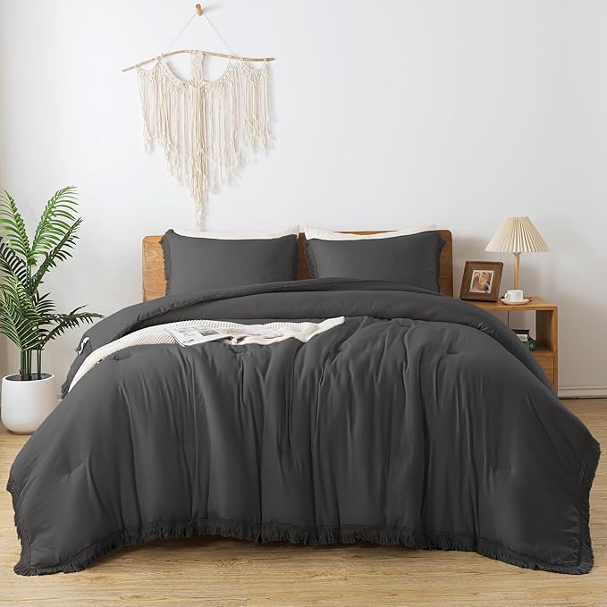 Andency California King Comforter Set Dark Grey - 3 Pieces Cal King Boho Lightweight Bedding Comforter Sets, Oversized All Season Tassel Soft Fluffy Bed Set (104x96In Comforter & 2 Pillowcases)