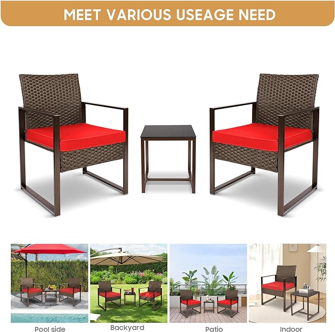 YIYAN 3 Pieces Outdoor Furniture Set Patio Rattan Wicker Chairs & teatable,Lawn Garden Balcony Backyard,with Washable Cushion (Red)