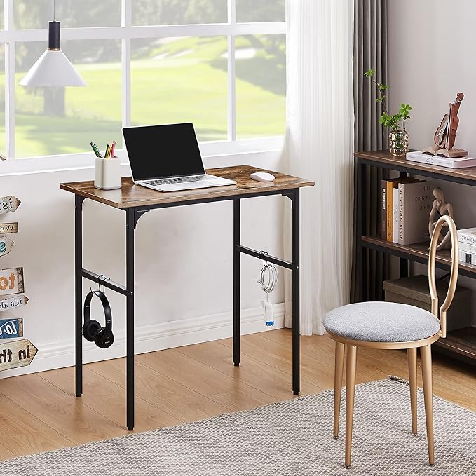 VECELO 32" Computer Writing Desk for Home Office, Study Table Workstation for Small Spaces with 4 Hooks & Adjustable Legs, Metal Frame,Brown, 32Inches