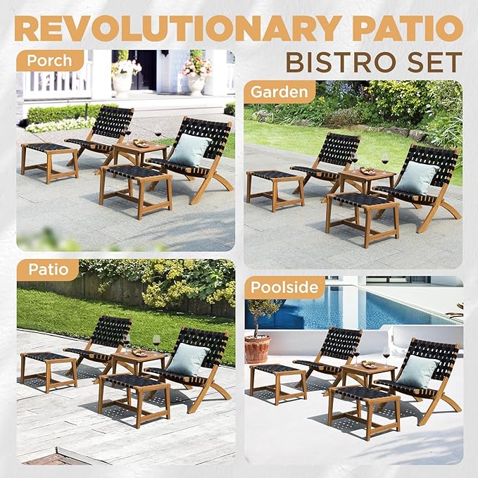 Design Heavy Duty 400lbs Capacity Patio Bistro Piece with Ottomans Outdoor, Onesize, Foldable Reclining Set 5