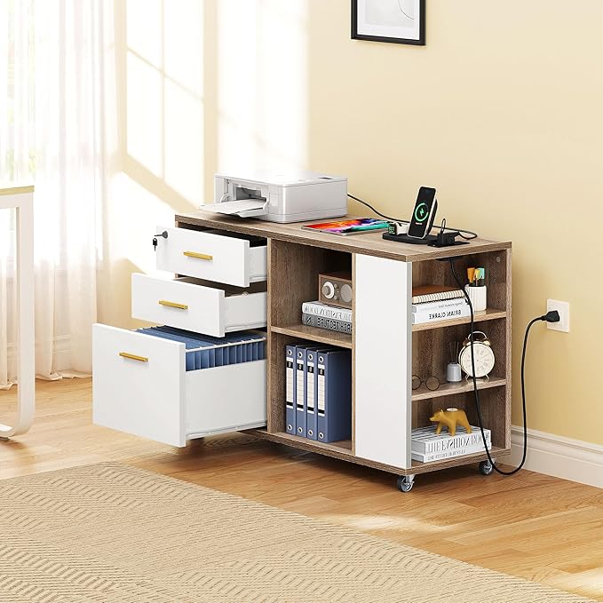YITAHOME File Cabinet with Charging Station, Mobile Lateral Filing Cabinet with Lock for Home Office, Printer Stand with Open Storage Shelf, Fits A4, Letter, Legal Size Files, Grey Wash & White